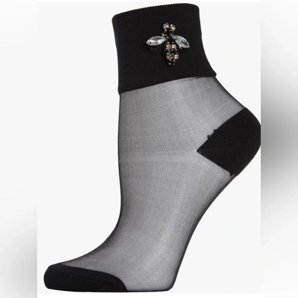 MEMOI WOMEN'S QUEEN BEE RHINESTONE CUFF SHEER ANKLET SOCK black new 9-11